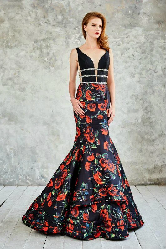 Limited Quantity Angela & Alison Floral Print V-Neck Cutout Illusion Long Evening Gown 771030 Limited Quantity Angela & Alison Floral Print V-Neck Cutout Illusion Long Evening Gown 771030