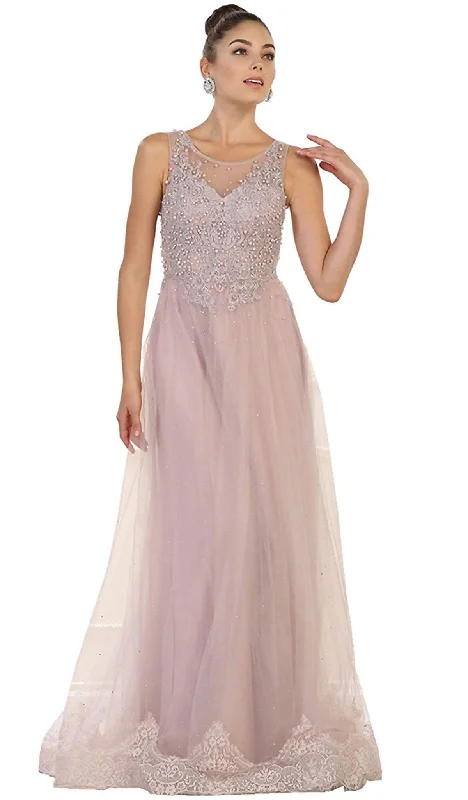 Overstock May Queen - RQ7569 Embellished Illusion Scoop Lace A-line Mother of the Bride Dress Overstock May Queen - RQ7569 Embellished Illusion Scoop Lace A-line Mother of the Bride Dress