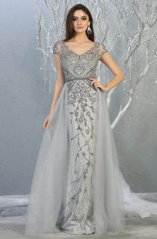 Savings Spectacular May Queen - Beaded V-Neck Overskirt Prom Gown RQ7833 - 1 pc Silver In Size 6 Available Savings Spectacular May Queen - Beaded V-Neck Overskirt Prom Gown RQ7833 - 1 pc Silver In Size 6 Available