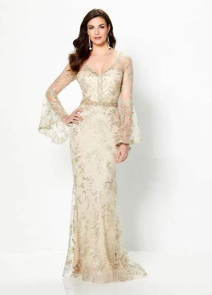 Can't Miss Montage by Mon Cheri - Embellished Long Bell Sleeve Sheath Gown 219986 - 1 pc Champagne In Size 12 Available