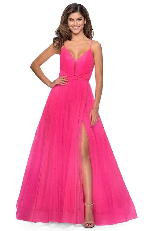 Best Bargains La Femme - 28893 Crisscross Strapped Bodice High Slit Tulle Dress