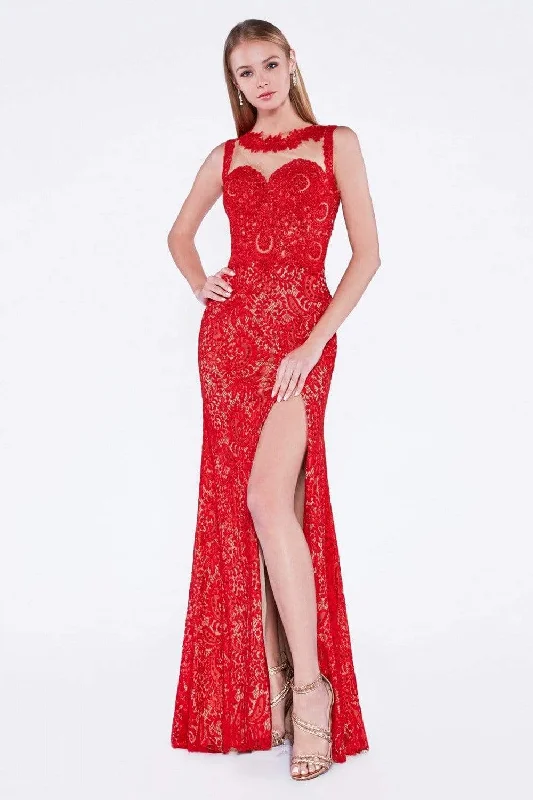Stock Up and Save Cinderella Divine - Illusion Jewel Neck Lace Evening Gown with Slit