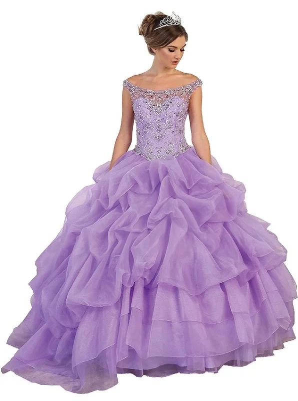 Savings Galore May Queen - Embellished Illusion Off-Shoulder Ruffled Quinceanera Ballgown