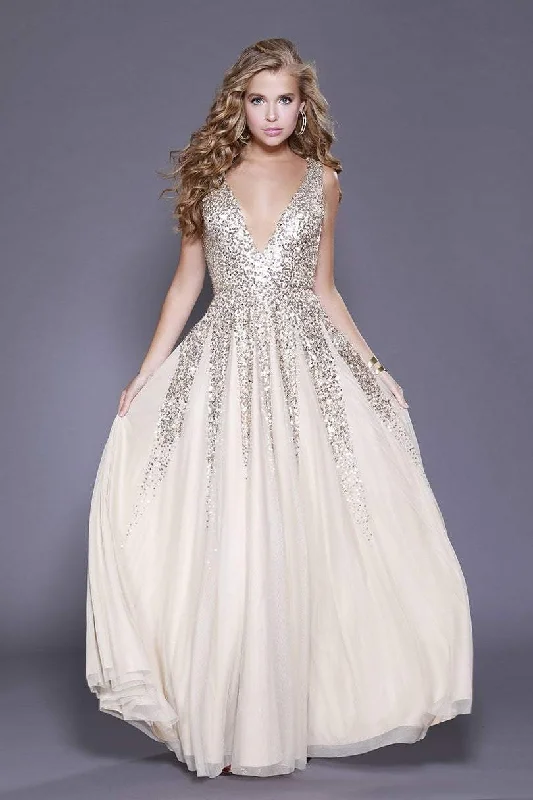 New Arrival Shail K Plunging V-Neck Sequined Tulle Gown 12134 - 1 pc Gold In Size 4 Available
