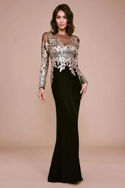 Stock Up and Save Tadashi Shoji - Embellished Finley Long Sleeve Crepe Sequin Gown - Petite - 1 pc Champagne/Black In Size 14 Available Stock Up and Save Tadashi Shoji - Embellished Finley Long Sleeve Crepe Sequin Gown - Petite - 1 pc Champagne/Black In Size 14 Available