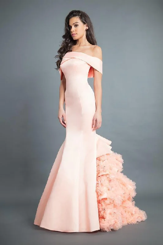 Limited Quantity Rachel Allan Couture - 8355 Satin Off-Shoulder Ruffled Mermaid Dress