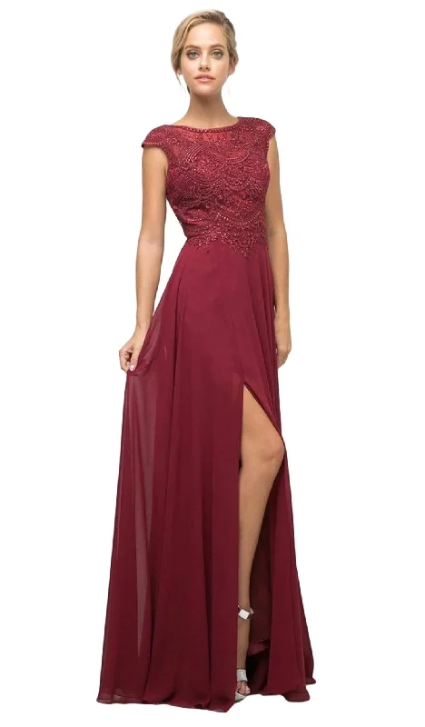 Unmissable Offer Cinderella Divine - UL035 Beaded Lace Bodice Scallop Cap Sleeve Chiffon Gown - 1 pc Burgundy In Size M Available