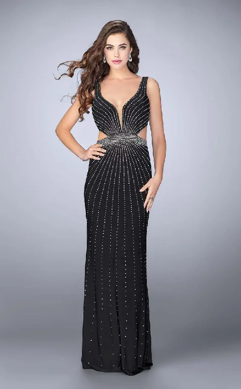 Special Savings La Femme - 23586 Bejeweled Sleeveless V-neck Long Jersey Dress