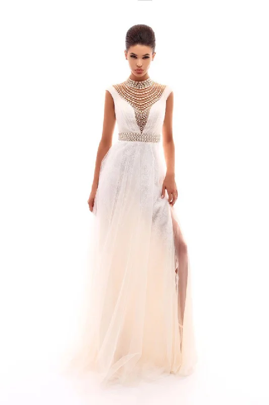 Deal of the Week Tarik Ediz - Sheer Neckline Pearl Embellished Tulle Gown 50285 - 2 pcs Salmon in Sizes 8 and 12 Available