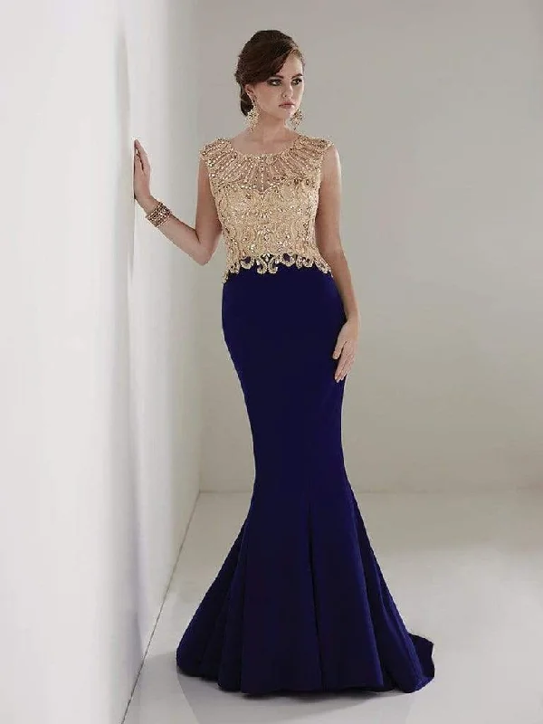 Customer Appreciation Sale Christina Wu Elegance - Beaded Bateau Jersey Mermaid Evening Gown 20208 - 1 pc Navy/Gold in Size 6 Available
