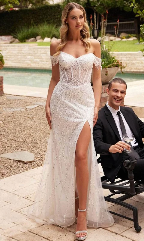 Extra Savings Cinderella Divine CD0203W - Off-Shoulder Bridal Gown with Sequin Embellishments
