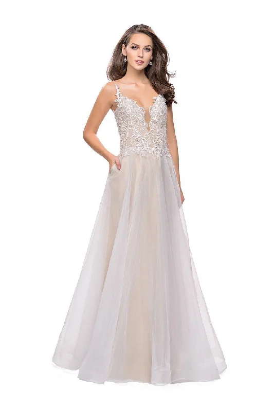 Steals and Deals La Femme - 25701 Beaded Lace Deep V-neck Organza A-line Dress