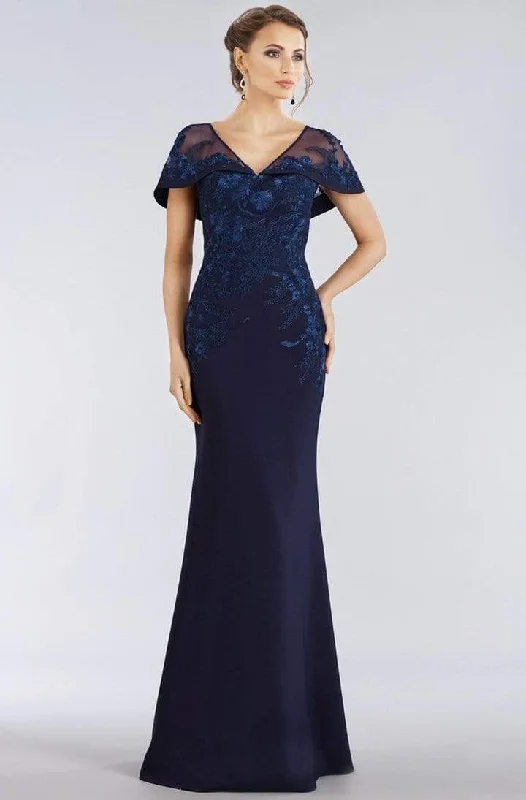 Value Deals Gia Franco - Floral Embroidered Cape Sleeve Mermaid Gown 12955 - 1 pc Navy In Size 10 Available
