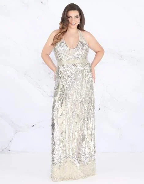 Price Cut Mac Duggal Fabulouss - Embellished Deep Halter V-neck Dress 4846F - 1 pc Silver/Nude In Size 16W Available