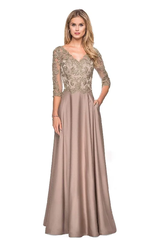 Take Advantage La Femme - Illusion V-Neck Quarter Sleeve Appliqued Dress 27235 - 2 pcs Gold/Olive in Size 10 and 12 Available Take Advantage La Femme - Illusion V-Neck Quarter Sleeve Appliqued Dress 27235 - 2 pcs Gold/Olive in Size 10 and 12 Available