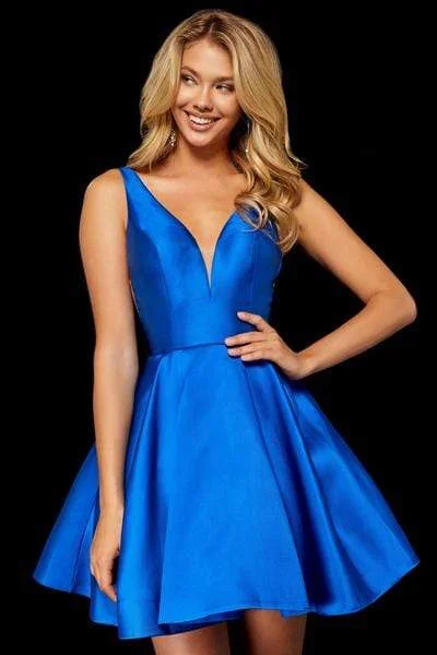 Best Bargains Sherri Hill - Illusion Deep V Bodice Satin Short A-Line Dress 52179 - 1 pc Royal In Size 6 Available Best Bargains Sherri Hill - Illusion Deep V Bodice Satin Short A-Line Dress 52179 - 1 pc Royal In Size 6 Available