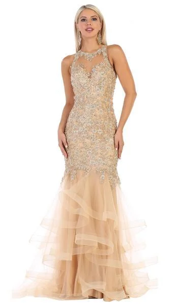 Grand Opening Sale May Queen - Applique Halter Ruffled Trumpet Dress RQ7637 - 1 pc Gold In Size 4 Available Grand Opening Sale May Queen - Applique Halter Ruffled Trumpet Dress RQ7637 - 1 pc Gold In Size 4 Available