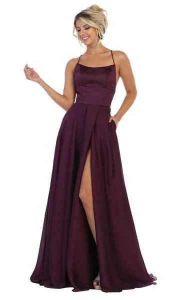 Year-End Clearance May Queen - Halter Neck Tie String Back A-Line Satin Gown MQ1642
