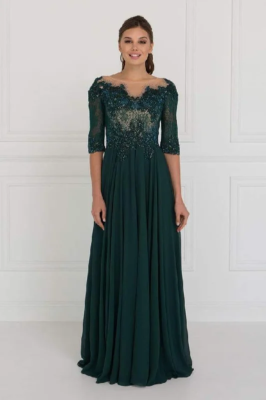 Weekend Deal Elizabeth K Quarter Sleeve Jewel Adorned Illusion Lace Gown GL1528