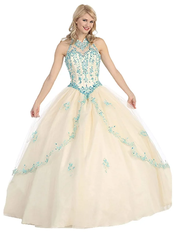 Year-End Sale Eureka Fashion - Bejeweled Lace Illusion Halter Evening Gown