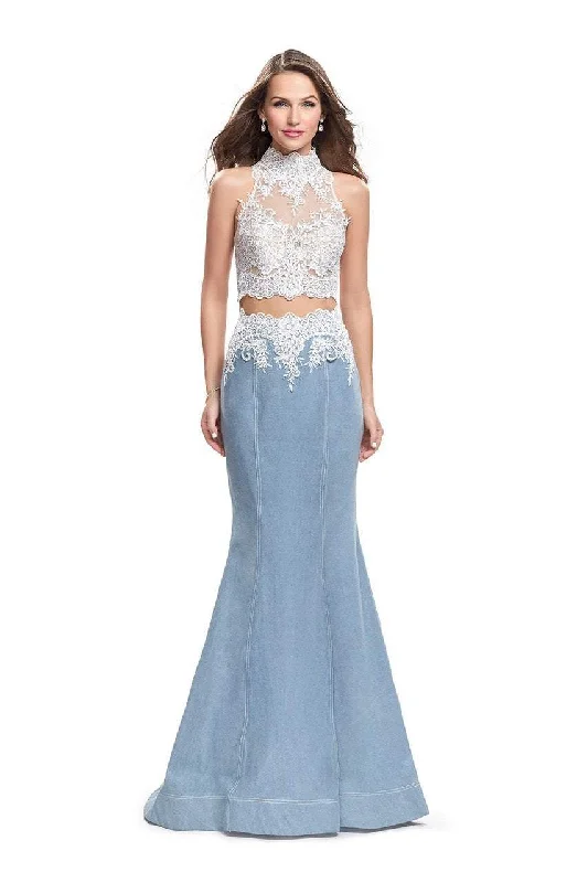 Online Only La Femme - 25805 Sheer Beaded High Neck Illusion Two Piece Gown