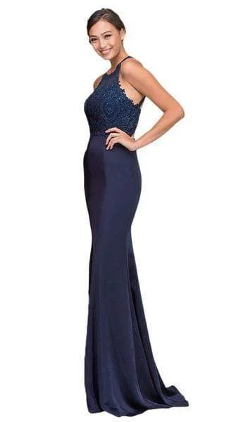 Huge Savings Eureka Fashion - Applique Halter Stretch Satin Trumpet Dress 7133 - 1 pc Navy In Size L Available Huge Savings Eureka Fashion - Applique Halter Stretch Satin Trumpet Dress 7133 - 1 pc Navy In Size L Available
