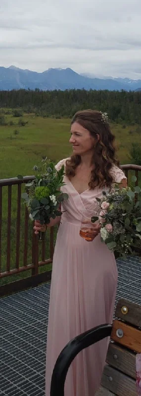 Buy More, Save More David's Bridal Long Mesh Dress with Lace Cap Sleeves