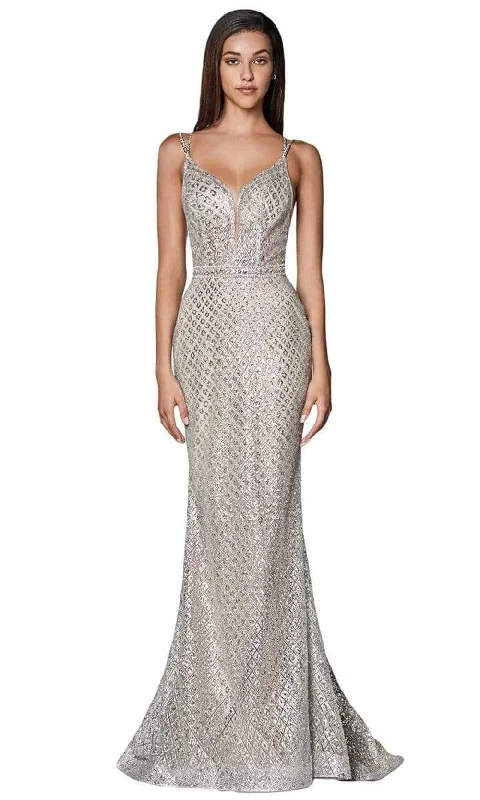 Online Specials Cinderella Divine - Glitter Print Plunging V-Neck Gown U102 - 1 pc Rose Gold In Size 6 and 1 pc Silver/Nude In Size 10 Available