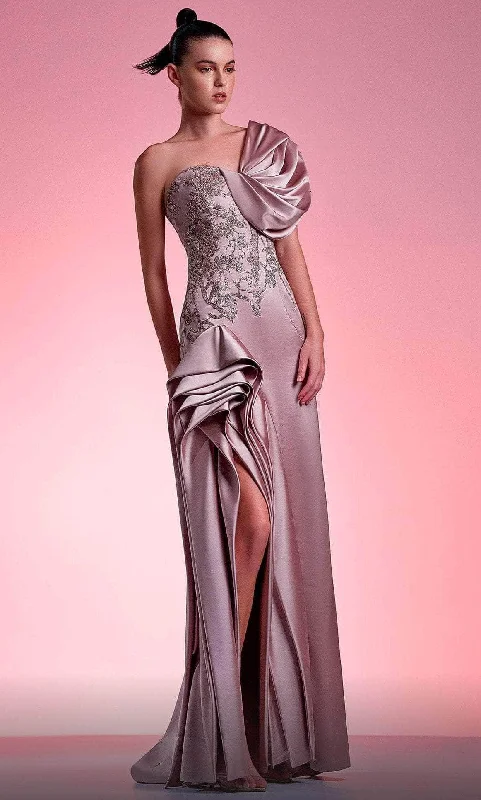 Midnight Sale MNM COUTURE G1221 - Draped Pleated Sheath Evening Gown