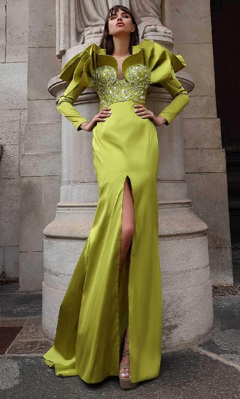 Discount Mania MNM COUTURE K4028 - Long Sleeve Ruffled Evening Gown