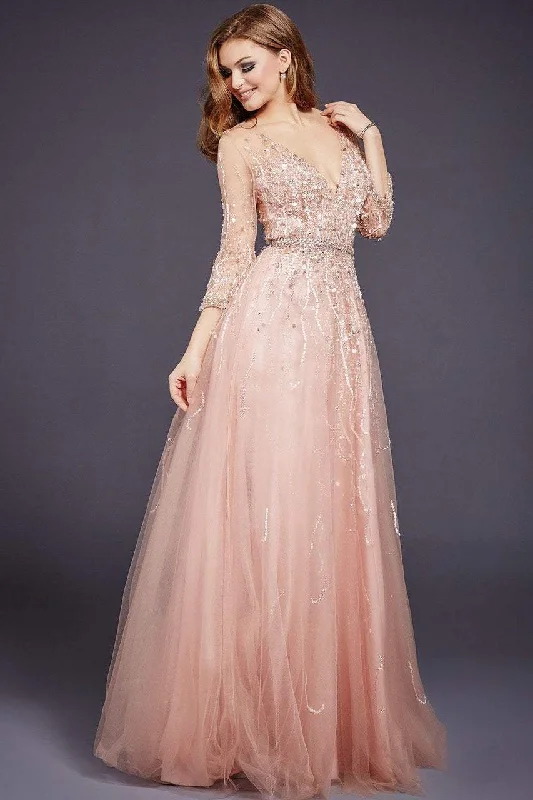 Great Bargains Jovani - Quarter Sleeve Ornate Illusion Tulle Gown 29084