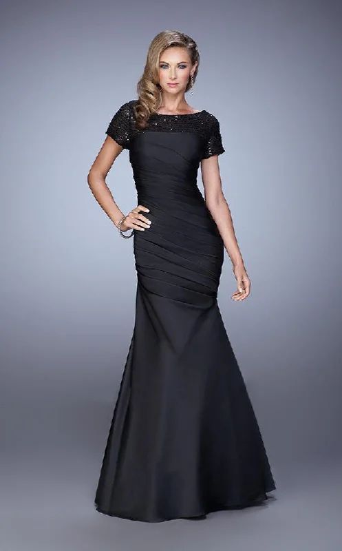 Special Discount La Femme - Sequined Short Sleeves Draped Mermaid Gown 21670 - 1 pc Black in Size 6 Available