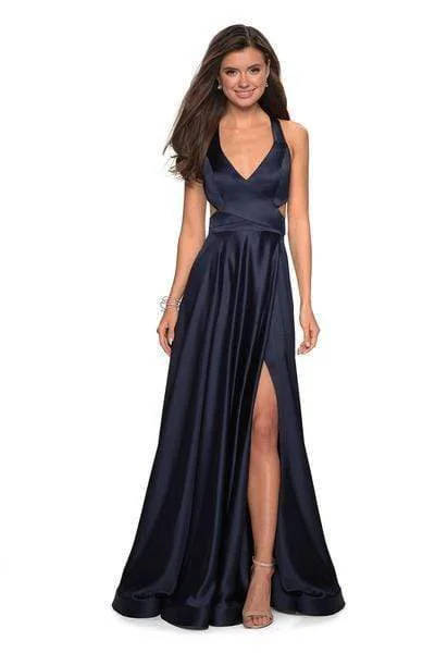 Bargain Blast La Femme - Plunging Halter V-neck Satin A-line Evening Gown 27487 - 1 pc Navy In Size 4 Available Bargain Blast La Femme - Plunging Halter V-neck Satin A-line Evening Gown 27487 - 1 pc Navy In Size 4 Available