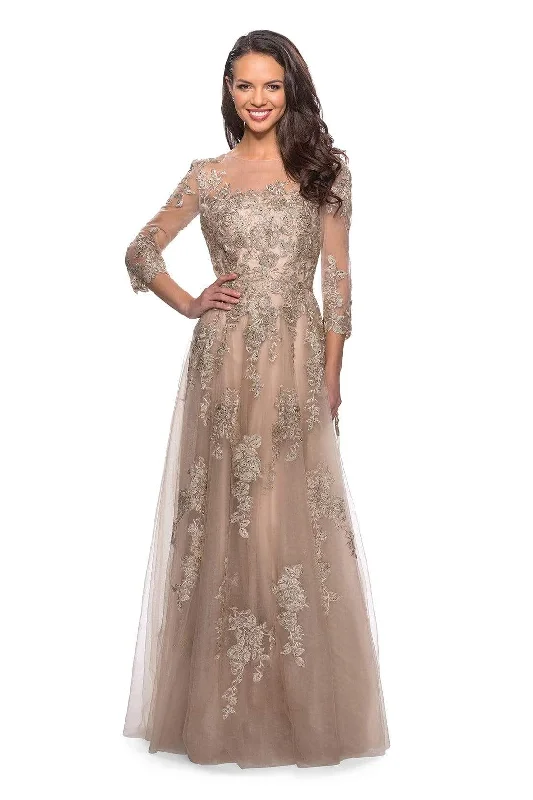 Discount Deals La Femme - Illusion Quarter Sleeve Embroidered Lace Gown 27733SC