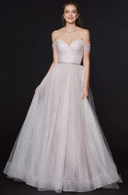 Stock Clearance Angela & Alison - 91030 Off Shoulder Glitter A-Line Gown