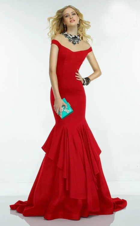 Customer Appreciation Sale Alyce Paris Adorned Illusion Off Shoulder Ruffled Trumpet Gown 2551 - 1 Pc. Red in size 6 Available