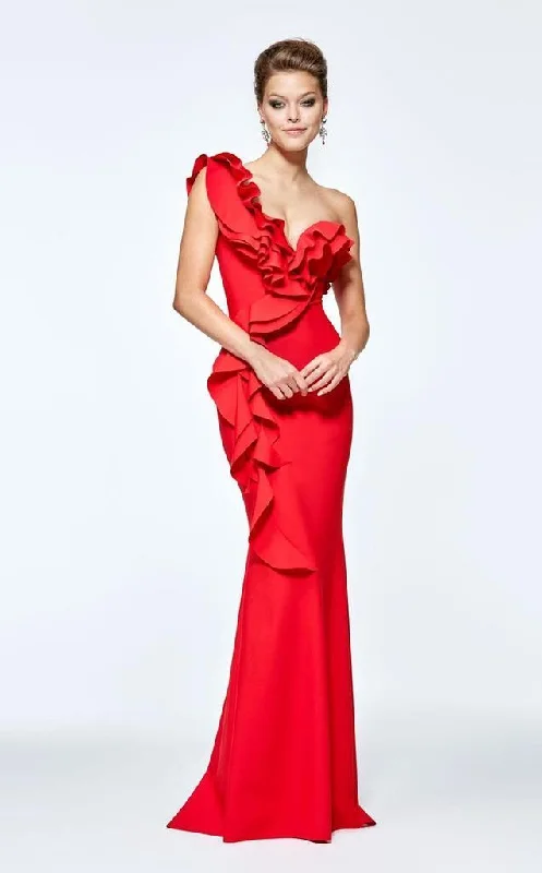 Can't Miss Tarik Ediz One Shoulder Ruffled Sheath Evening Gown 93110