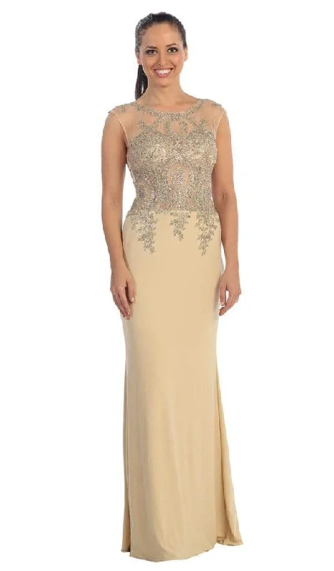 Super Sale Dancing Queen - Sheer Cap Sleeves Gold Tone Lace Applique Gown 9173 - 1 Pc. Nude in size Medium Available Super Sale Dancing Queen - Sheer Cap Sleeves Gold Tone Lace Applique Gown 9173 - 1 Pc. Nude in size Medium Available