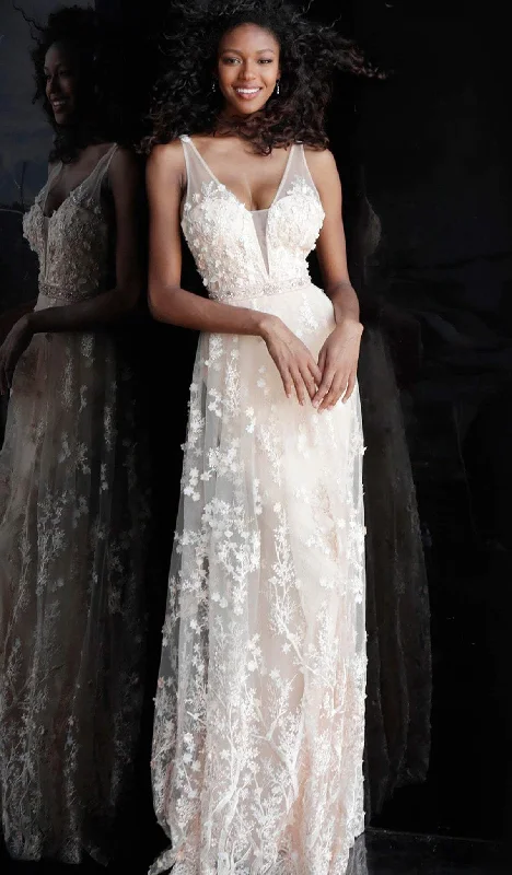 Savings Alert JVN by Jovani - Floral Appliqued Plunging A-Line Evening Dress JVN66127 - 2 pcs Blush in Sizes 8 and 20 Available