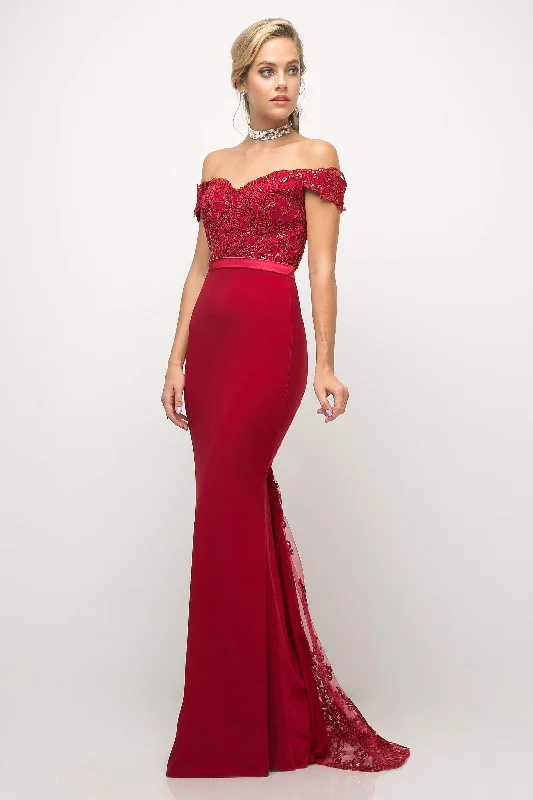 Price Rollback Cinderella Divine - UV001 Beaded Lace Off-Shoulder Bodice Mermaid Evening Gown  - 1 Pc. Deep Red in size 4 Available