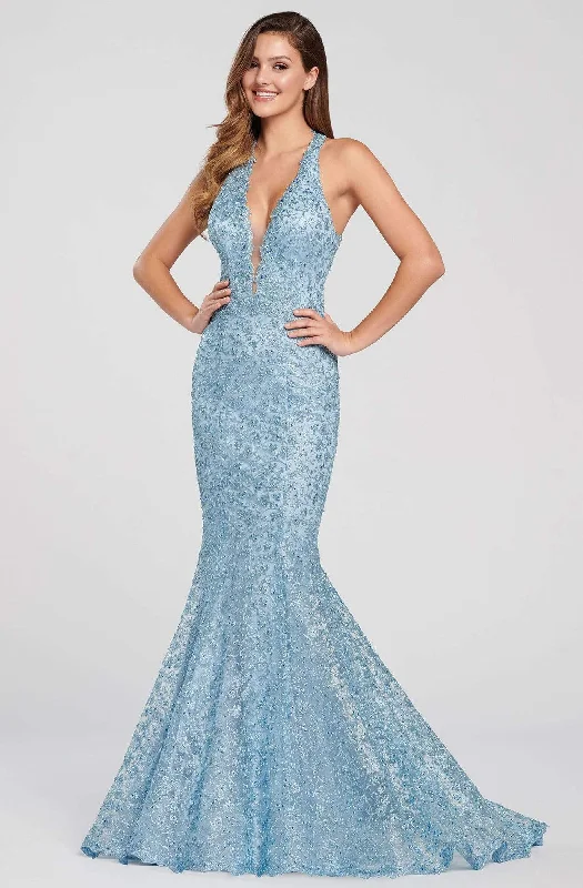 Warehouse Sale Ellie Wilde - Plunging Halter Metallic Lace Trumpet Gown EW119096 - 1 pc Sky Blue In Size 4 Available Warehouse Sale Ellie Wilde - Plunging Halter Metallic Lace Trumpet Gown EW119096 - 1 pc Sky Blue In Size 4 Available