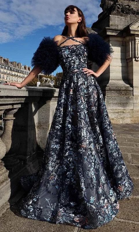 Must-Have Deals MNM Couture K4022 - Strappy Neck Floral A-line Gown