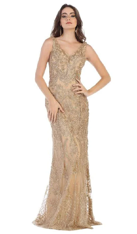 Exclusive Preview May Queen - Applique V-neck Trumpet Evening Gown RQ7662 - 1 pc Gold In Size 8 Available
