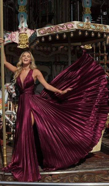 Limited Time Tarik Ediz - Plunging V-Neck Pleated Gown with Slit 50449