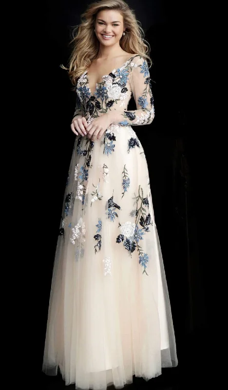 Buy More, Save More Jovani - Long Sleeve Floral Embroidered Tulle Gown 65359 - 1 pc Nude/Multi In Size 18 Available Buy More, Save More Jovani - Long Sleeve Floral Embroidered Tulle Gown 65359 - 1 pc Nude/Multi In Size 18 Available