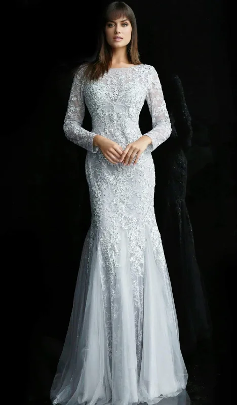Exclusive Access Jovani - Long Sleeve Lace Accented Trumpet Gown 62766SC