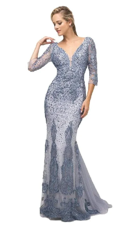 Discount Extravaganza Cinderella Divine - 6481 Quarter Length Sleeves Beaded Lace V Neck Mermaid Gown Discount Extravaganza Cinderella Divine - 6481 Quarter Length Sleeves Beaded Lace V Neck Mermaid Gown