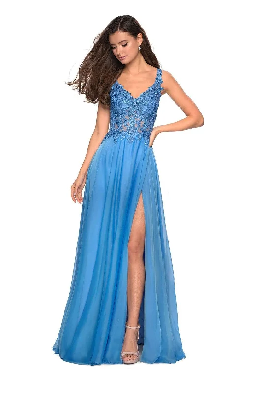 Price Drop Alert La Femme - Lace Embroidered A-Line Gown with Slit 27751 - 1 pc Cloud Blue In Size 00 Available Price Drop Alert La Femme - Lace Embroidered A-Line Gown with Slit 27751 - 1 pc Cloud Blue In Size 00 Available