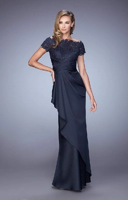 Special Price La Femme - Lace Ruched Ruffled Accented Evening Dress 21620SC - 2 Pcs. Silver In size 4 and 18 Available Special Price La Femme - Lace Ruched Ruffled Accented Evening Dress 21620SC - 2 Pcs. Silver In size 4 and 18 Available