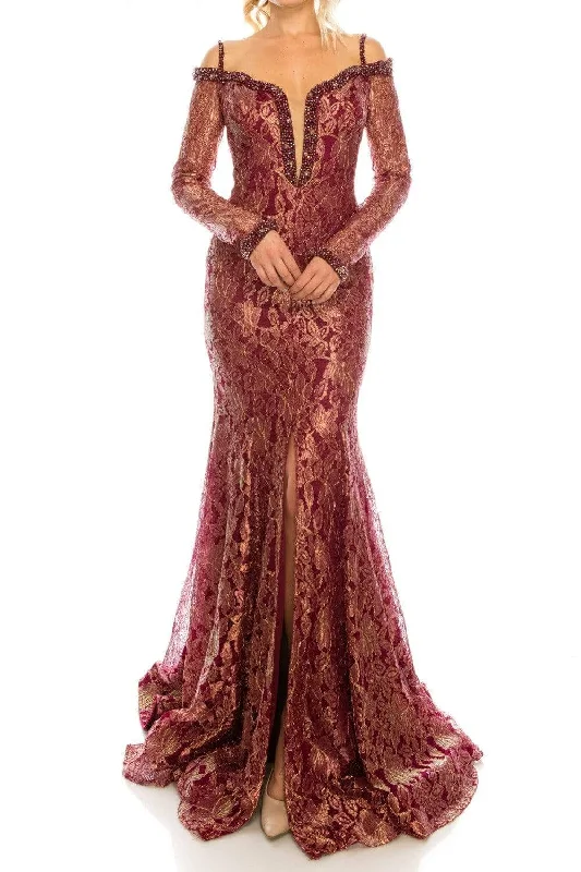 The Best Prices Odrella - 1080 Bejeweled Plunging Off Shoulder Metallic Lace Gown